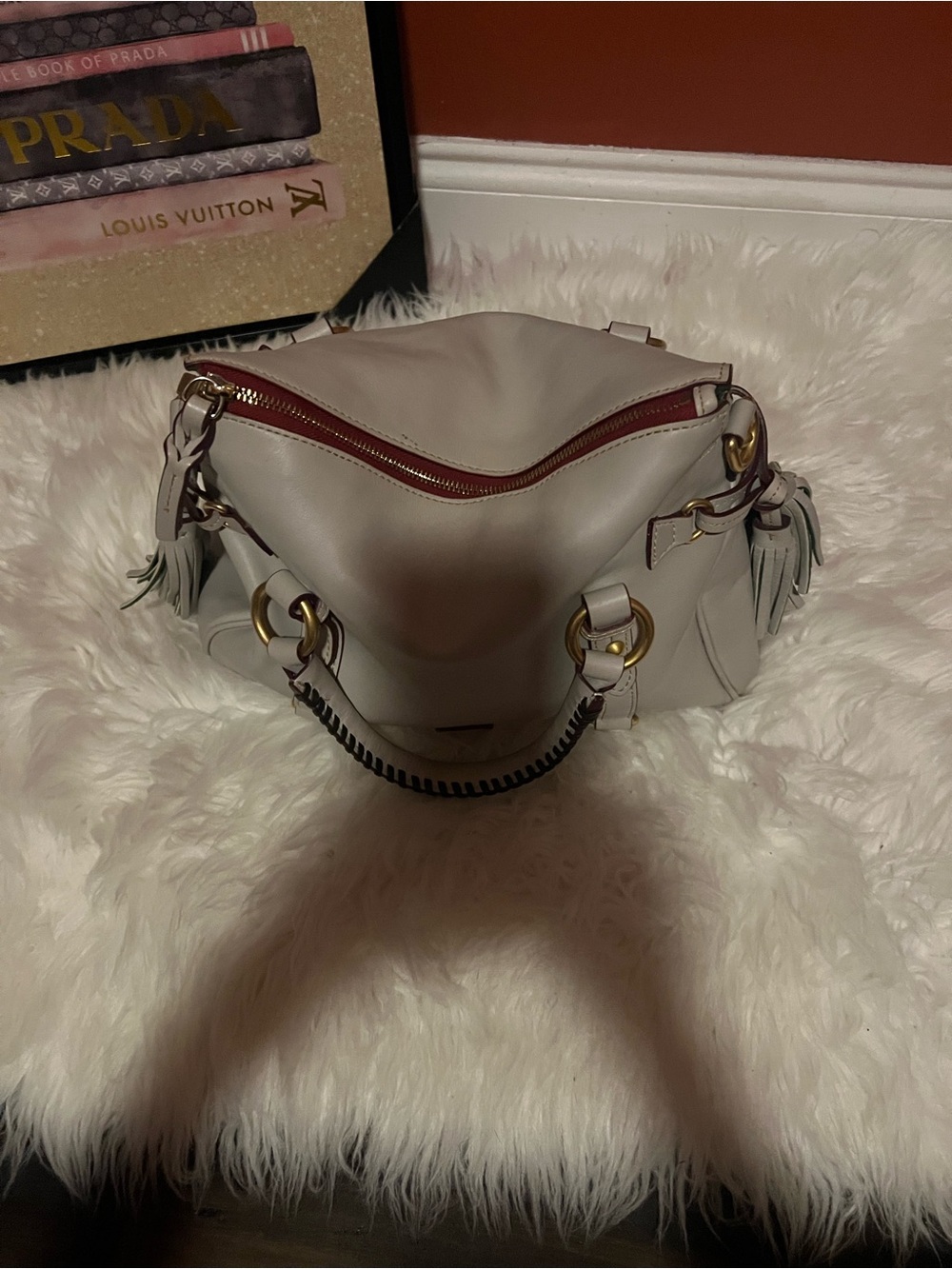 Dooney & Bourke Gray Leather Shoulder Bag with Red Zip Accent